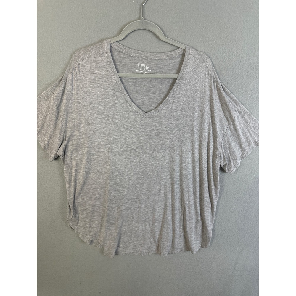 Time and Tru Womens XL Gray V-Neck Short Sleeve Relaxed Fit Hi-Low T-Shirt 2594